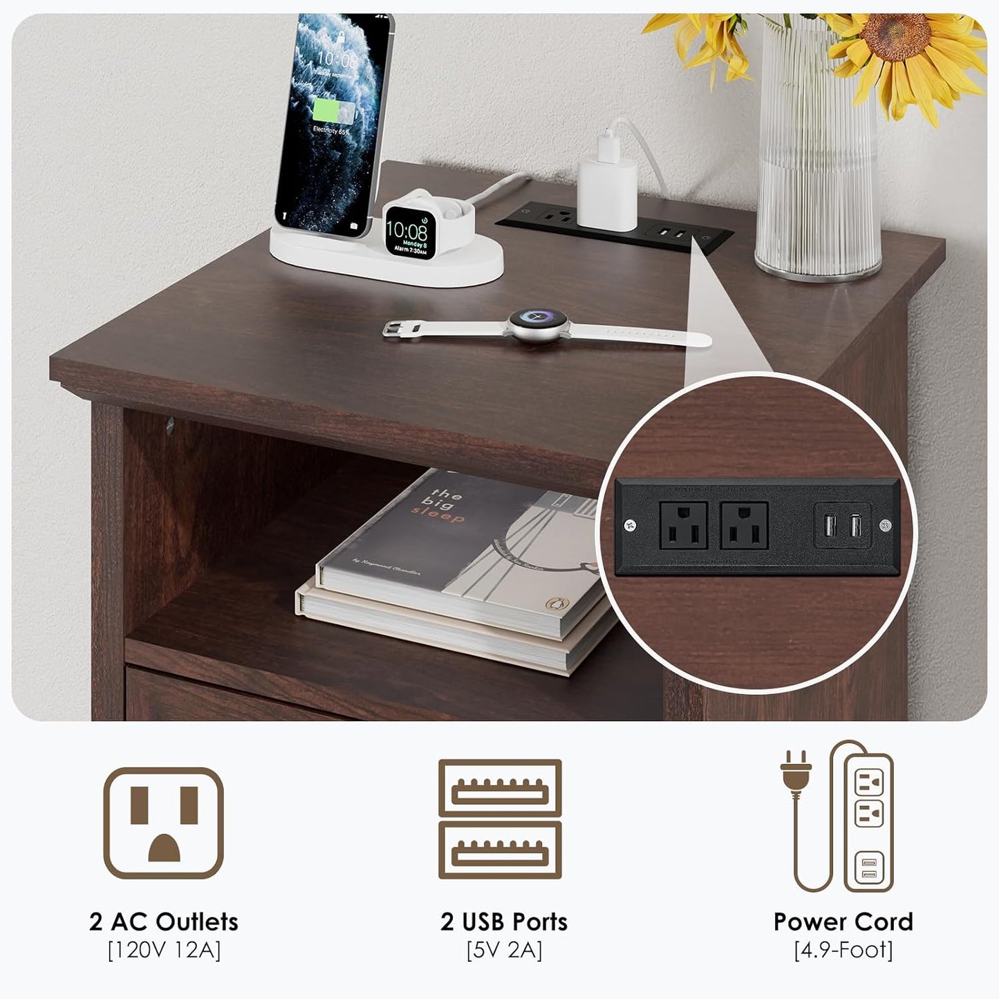 HOMMPA Farmhouse Nightstand w/Charging Station, Open Shelf 23.6''H Cherry