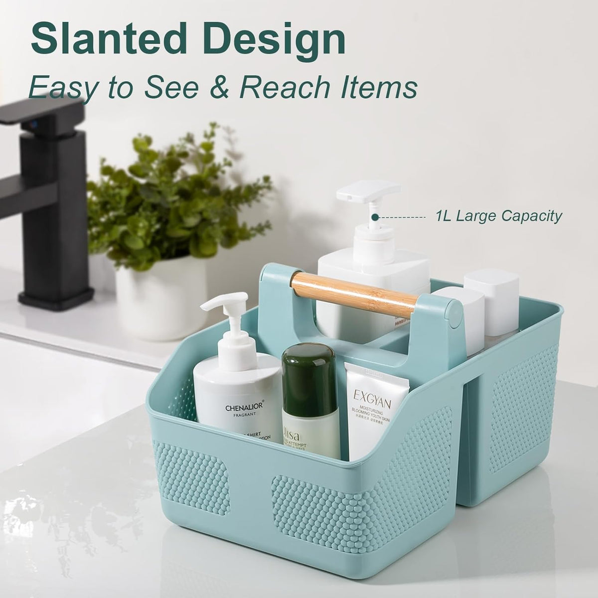 rejomiik Shower Caddy Portable with Bamboo Handle, Plastic Basket Cleaning Caddy Organizer Storage Tote for Bathroom, College, Dorm Room Essentials, Blue