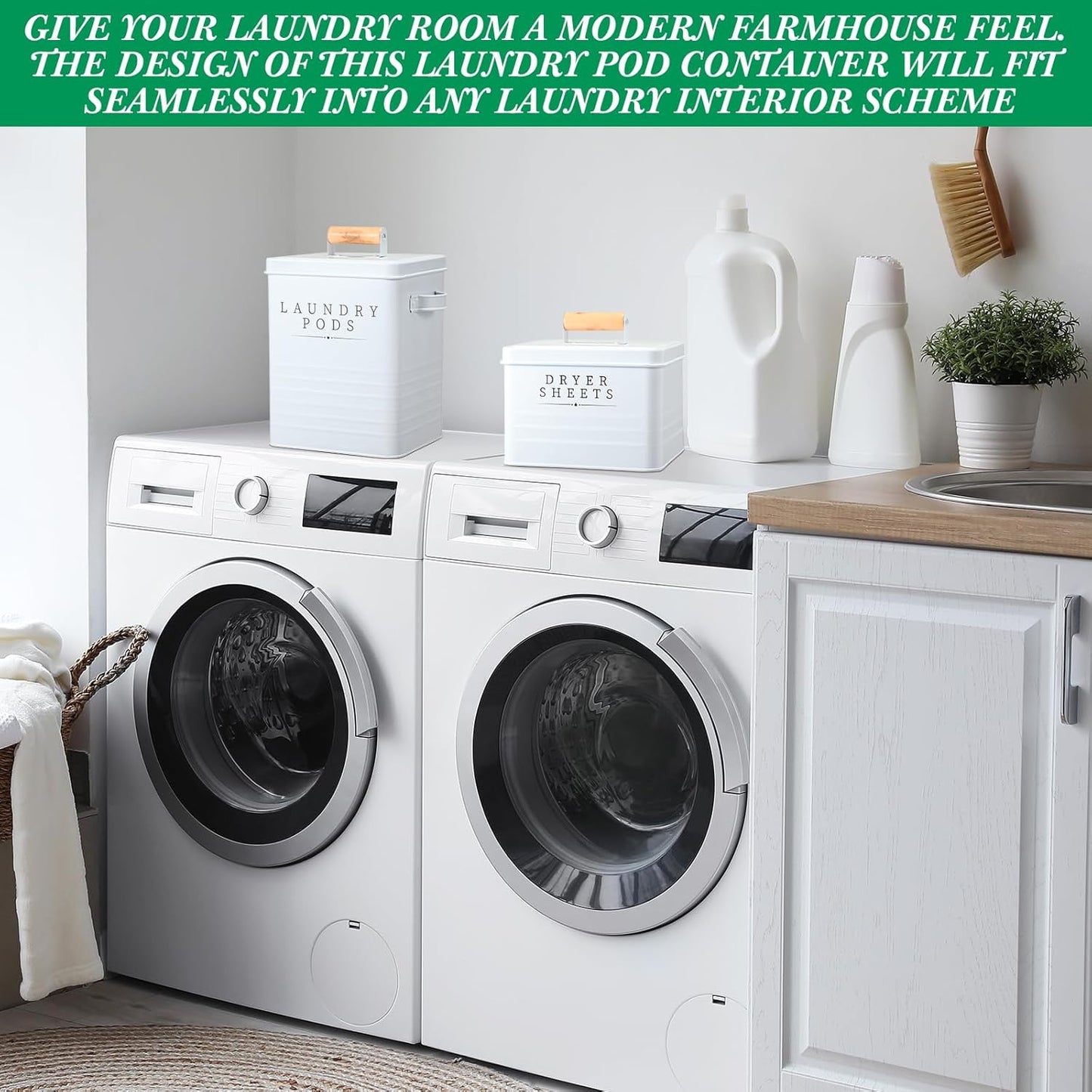 Yaocom 2 Pcs Laundry Pod Container with Dryer Sheet Holder Farmhouse Laundry Room Decor Organization and Storage Detergent Container Box with Lid Handle Metal Dryer Sheet Dispenser(White)