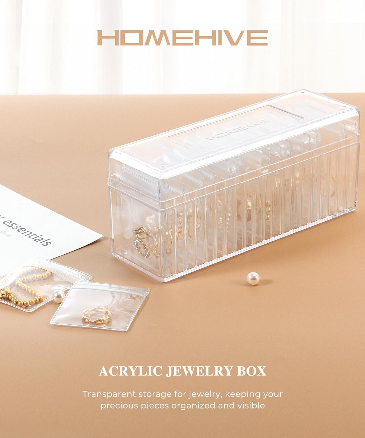 HOMEHIVE Acrylic Jewelry Box Organizer, Clear Jewelry Organizer and Storage with 20 Portable Anti Tarnish Jewelry bags, Travel Jewelry Case for Earrings/Rings/Necklaces Gifts for Women Girls, Clear