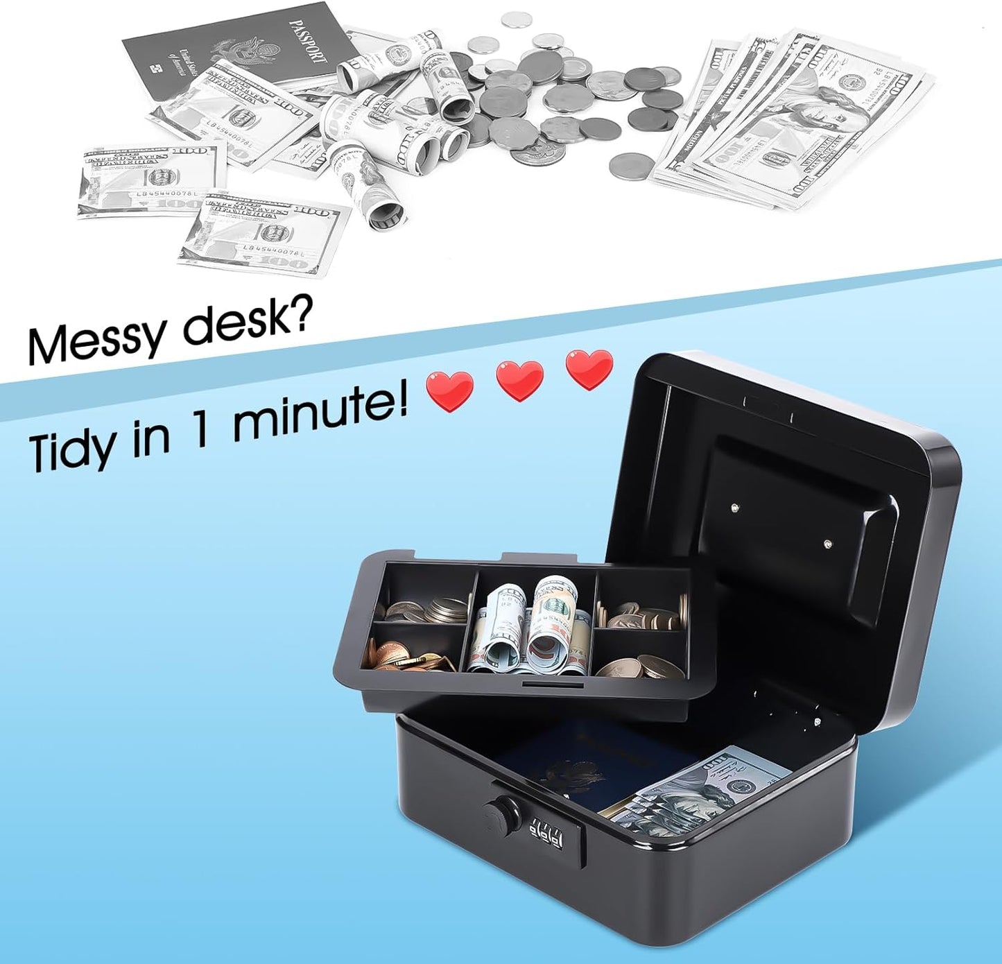 KYODOLED Cash Box with Combination Lock Safe Metal Money Box with Money Tray for Security Lock Box 7.87"x 6.30"x 3.35" Black