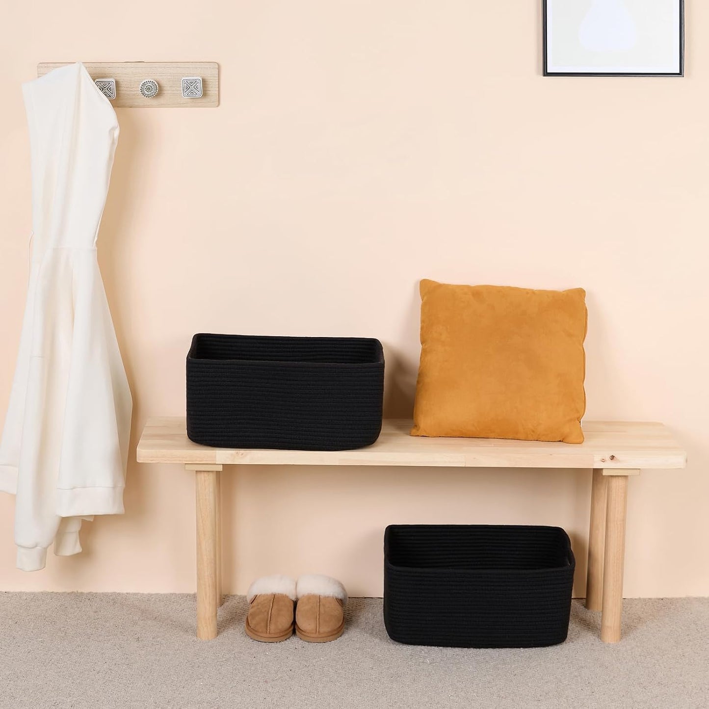 MiniArk Large Storage Baskets for Shelves, 17 x 13 x 7.5” Closet Organizers Bins for Clothes Blanket Towels, Baby Nursery, Toy Baskets Box, Woven Rope Baskets, 2 Packs Black
