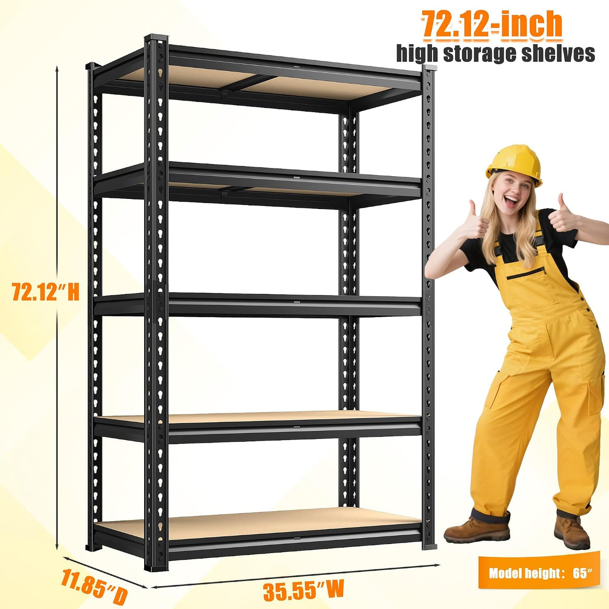 DurayLoly 72.12" H Garage Shelving, Storage Shelves Load 2100LBS, 5-Tier Adjustable Shelving Unit with Thickened Wooden Boards for Multiple Scenarios, 72.12" H x 35.55" W x 11.85" D, Black, 4 Pack