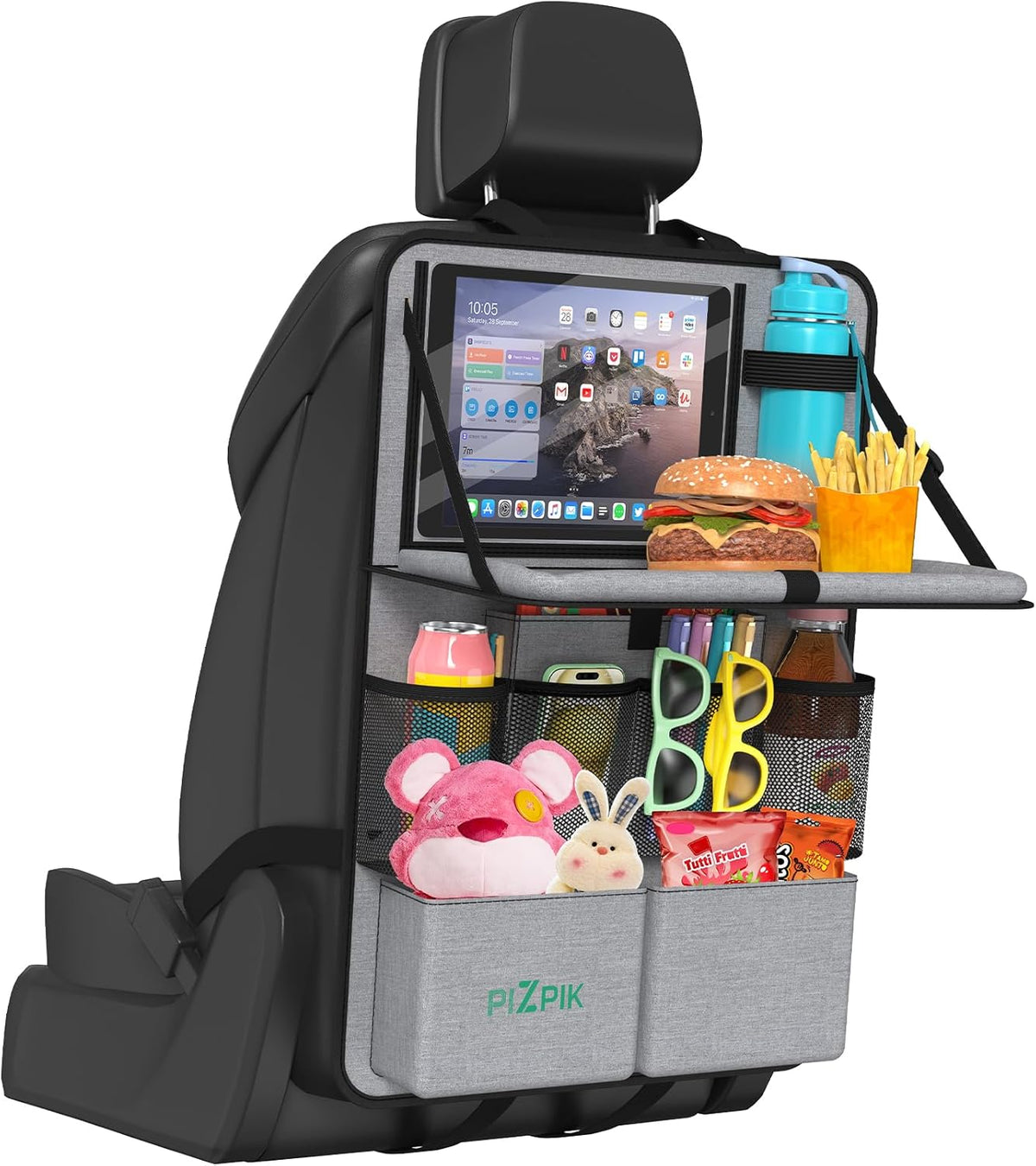 Plzpik Car Backseat Organizer with Tablet Holder,11 Storage Pockets with Foldable Food Tray, Protector Kick Mats for Kids, Travel Accessories Organizer (Black, 2Pack)