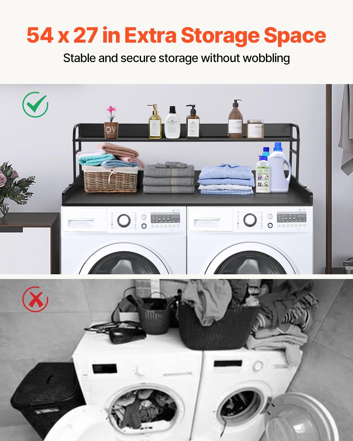 VEVOR Washer Dryer Countertop with 2-Tier Shelf, 54" x 27" Wooden Washer and Dryer Countertop with Anti-Slip Pads, Water-Resistant Laundry Topper Cover for Laundry Room Organization and Storage, Black