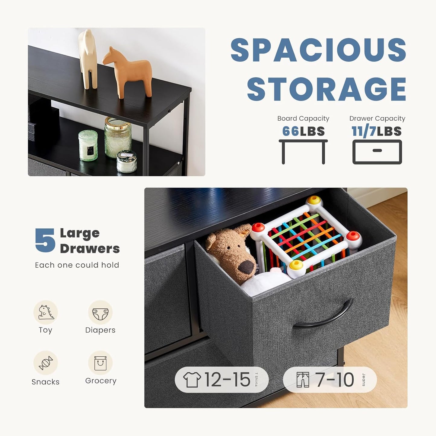 DUMOS TV Stand, Dresser with 5 Fabric Storage Drawers, Media Console Featuring Open Shelf for TV, Compact Entertainment Unit for Bedroom, Living Space, or Dorm Organization, Grey