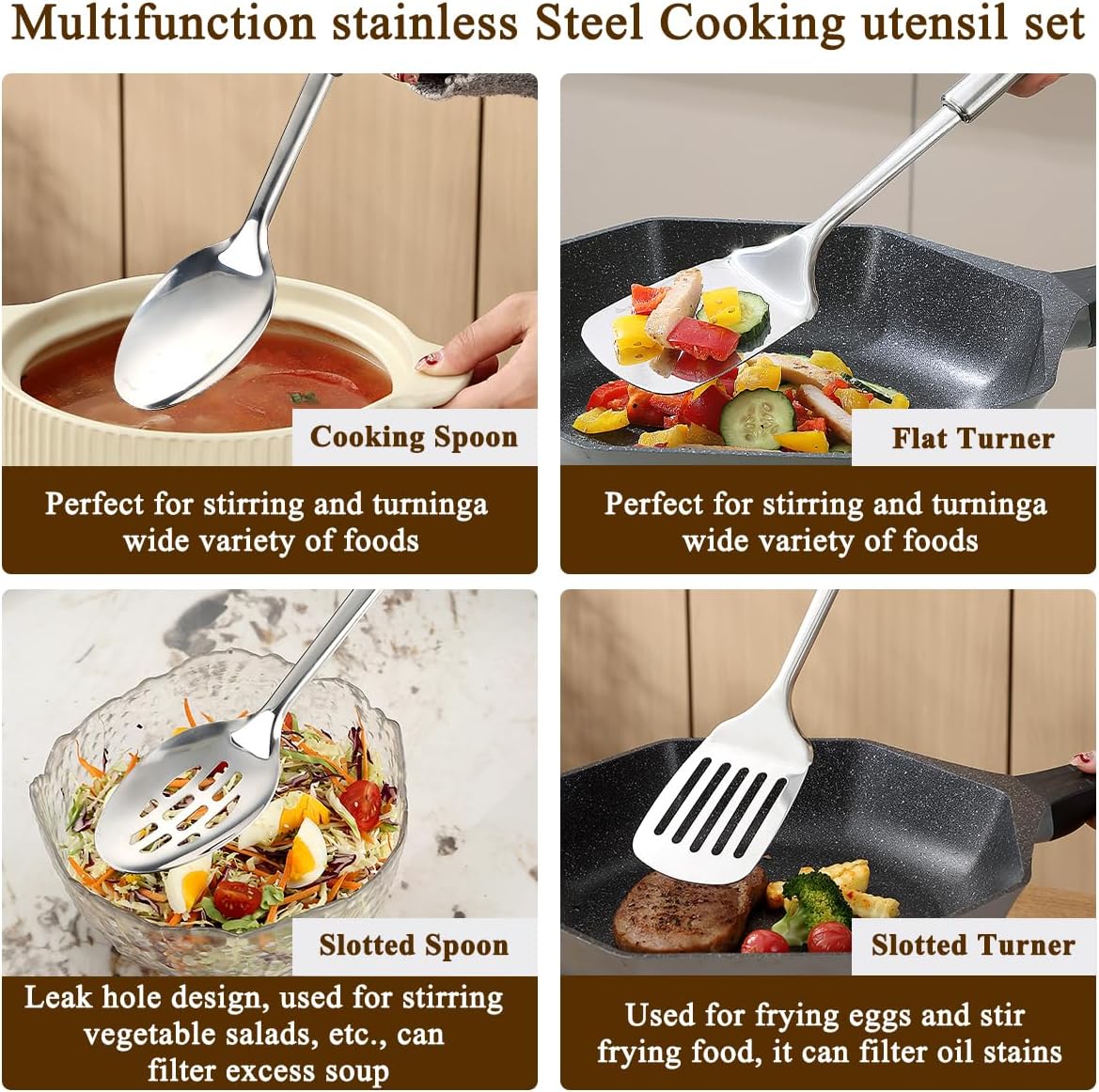 Homquen Kitchen Utensils Set 4pcs, Stainless Steel Cooking Utensils Set, Kitchen Tools Spatulas Set, Cooking Spoons, Home Essentials Kitchen Gadgets Accessories