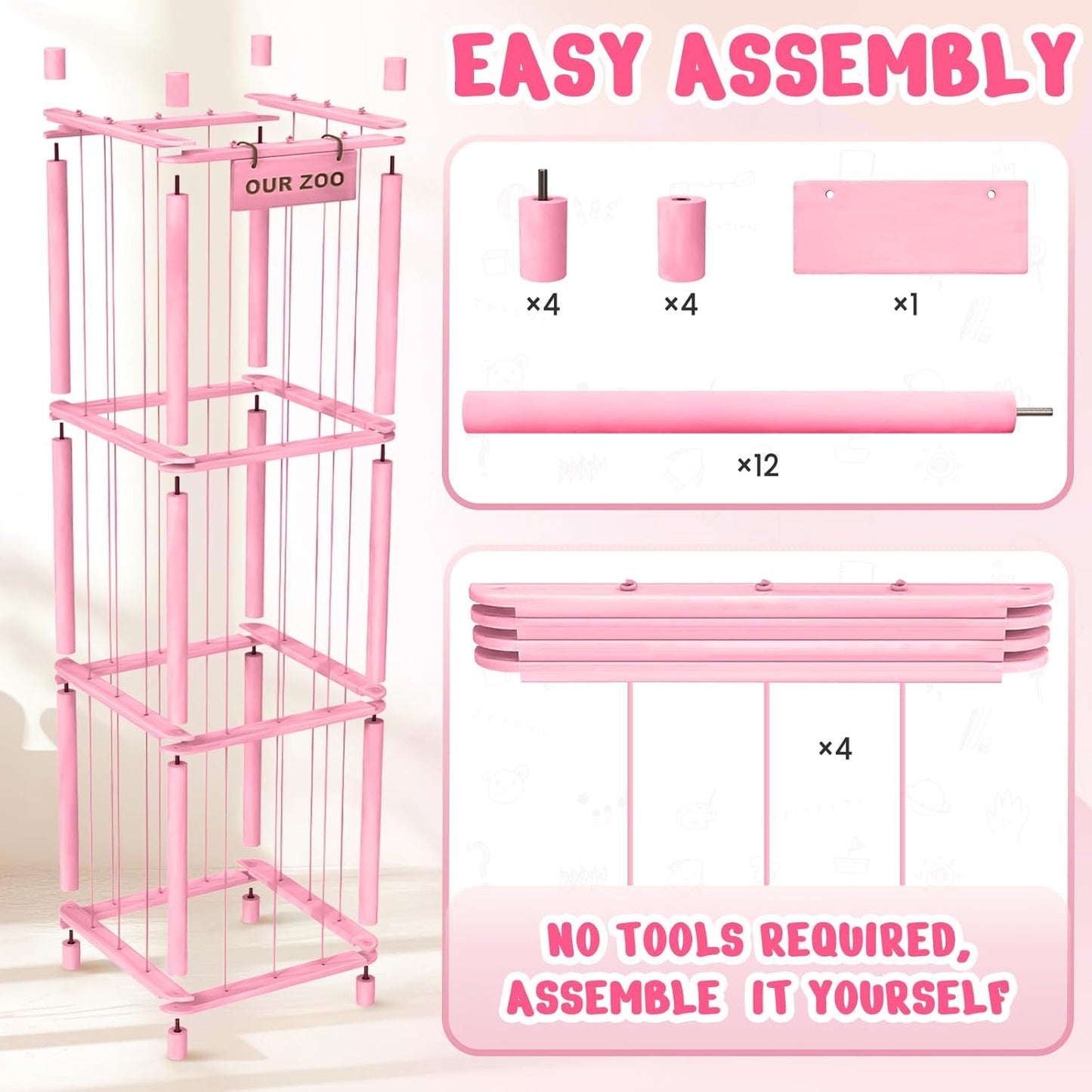 Woodure Stuffed Animal Storage & Organizer, Wooden Cute Zoo Toy Holder for Toddler Rooms, Playrooms & Bedrooms（Pink）
