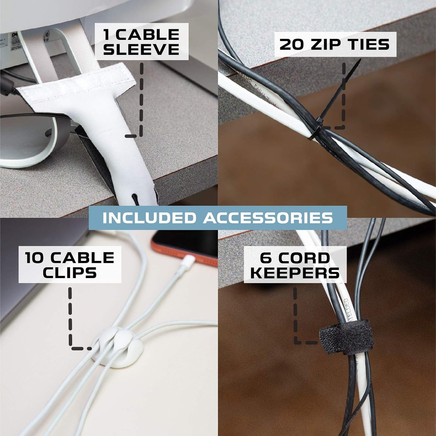 Iron Forge Cable Cable Management Box, 2 Pack - White with Wood Top | Cord Organizer & Cable Hider, For Wires, Power Strips & Surge Protectors, Includes Cable Sleeve, Hook & Loop Keepers