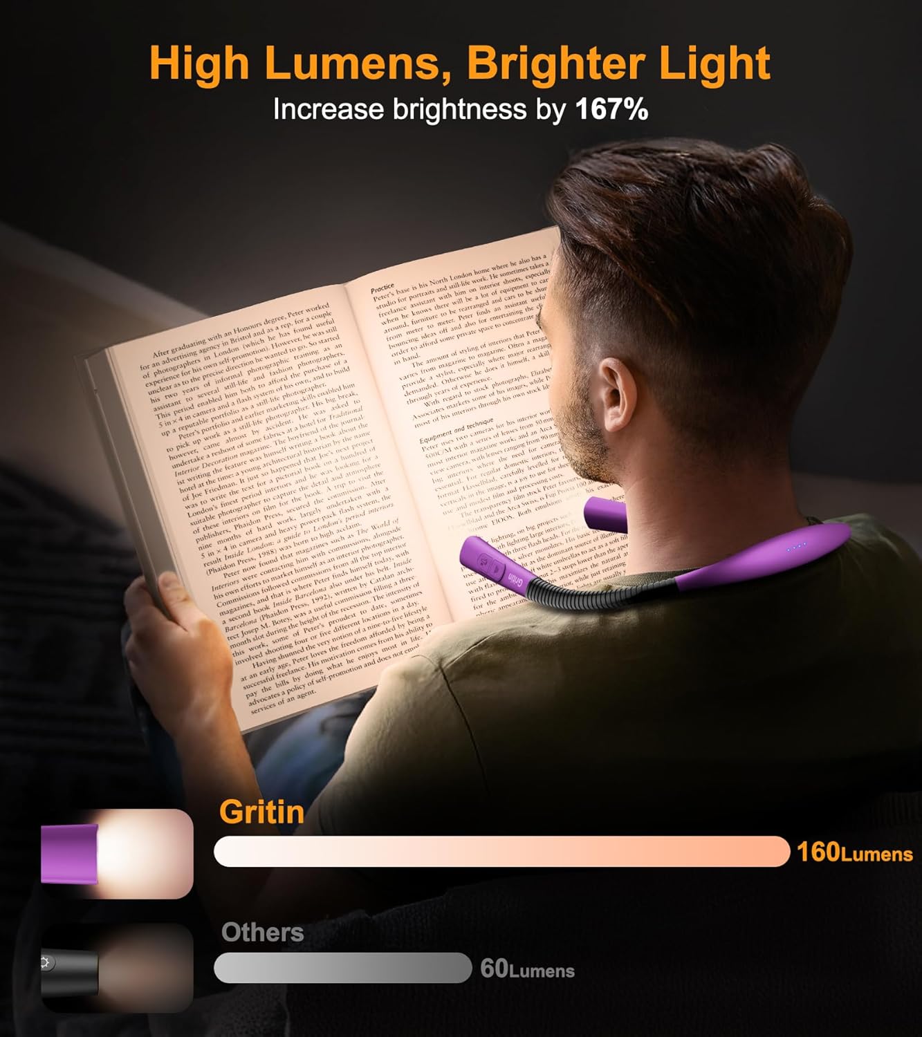 Gritin Book Light, Eye Caring 4-Color & 5-Brightness Neck Light Reading Light- Stepless Dimming,30-min Timer,80+ Hrs Runtime,Bendable Round Neck Design, Lightweight for Reading-Dark Purple