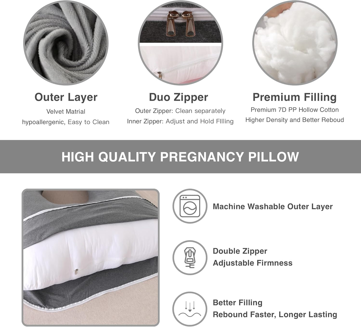 ALLOPERA Pregnancy Pillow, Full Body Maternity Pillow 57 inch, with Removable Washable Cover - Sleep Support for Legs, Back, Neck, Shoulder, HIPS, Belly for Pregnent Women, Velvet Cover(Dark Grey)