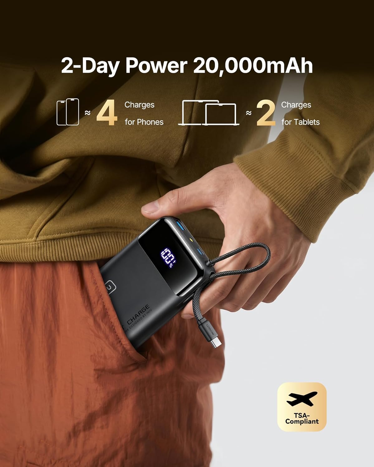 INIU 20000mAh Power Bank, Small 45W PD Fast Charging Portable Charger with Built-in USB C Cable, Flight-Safe Travel External Phone Battery Pack for iPhone 17 Pro Max Samsung S26 iPad etc, Black