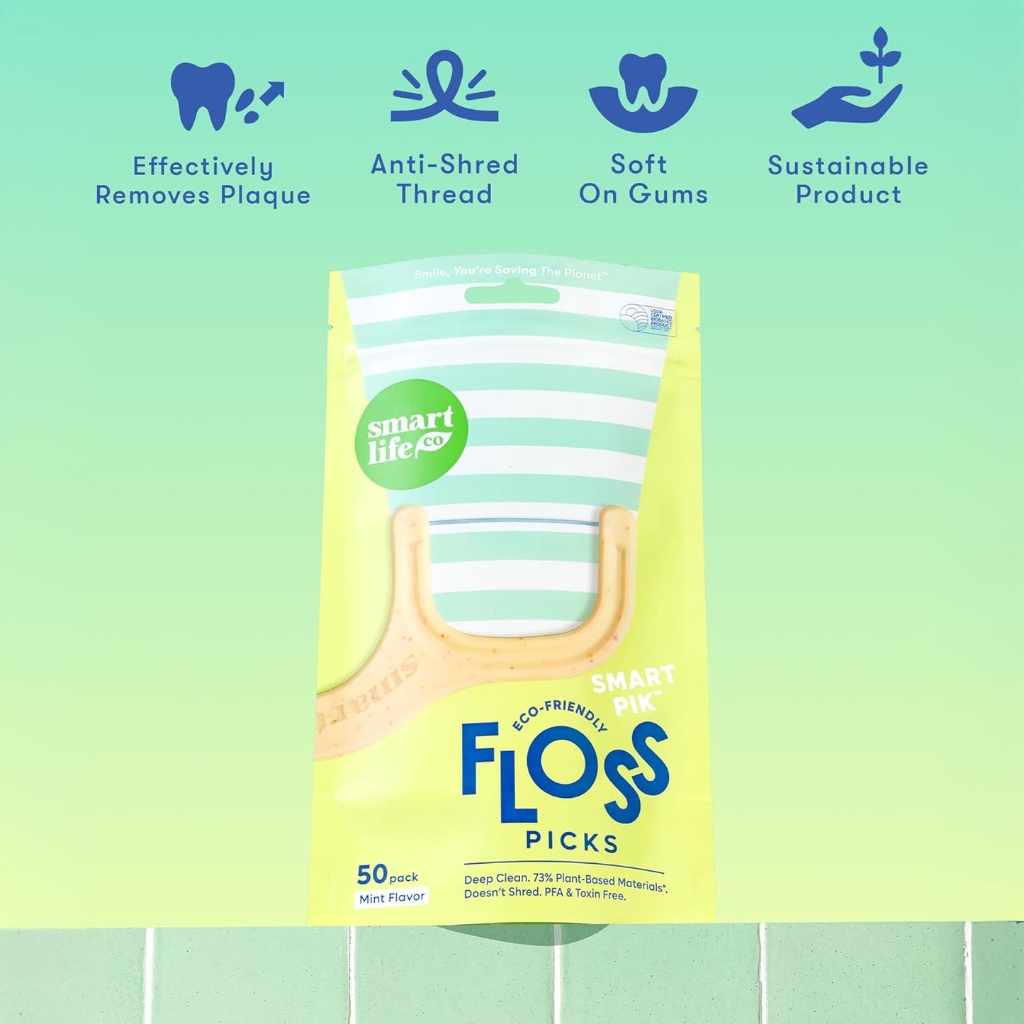 SmartLifeco Eco-Friendly Dental Floss Picks (200ct) - Flossers Made with Straw Wheat Blend, Superior Anti-Shred Thread for Tight Gaps, Tooth Pick Stick for Adults, Soft on Gum & Teeth, Vegan, Mint