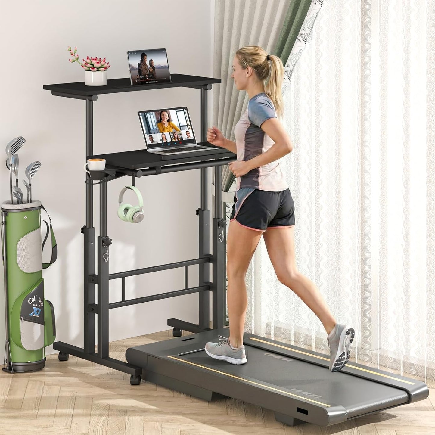 Klvied Height Adjustable Mobile Standing Desk, Tiltable Laptop Desk with Cup Holder & Hook, Portable Rolling Desk with Lockable Casters, Home Office Workstation for Standing/Sitting, Black