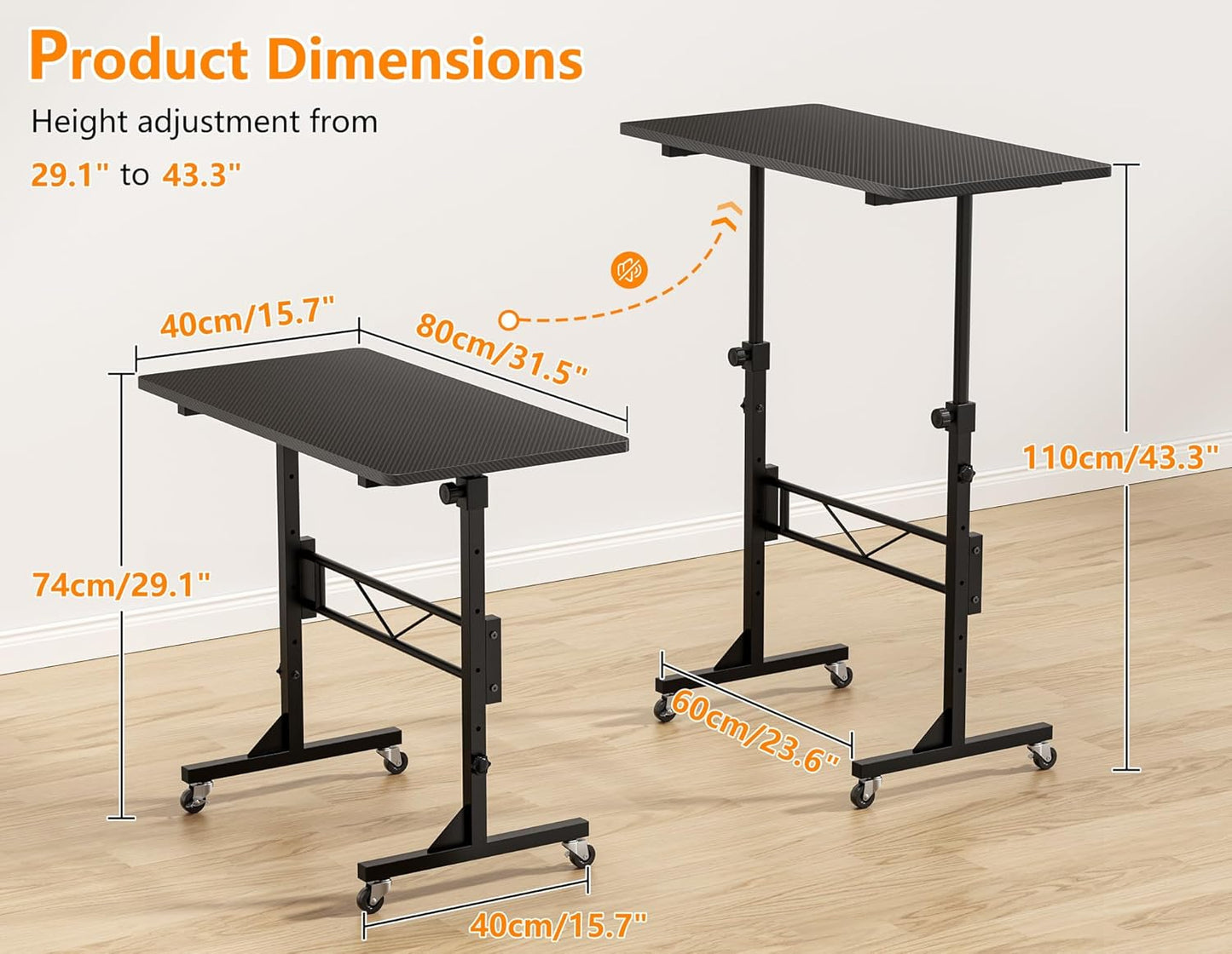 HOMIDEC Standing Desk, 32 Inch Portable Small Desk Adjustable Height, Rolling Home Office Desks with Wheels, Sit Stand Desk for Bedroom Walking Pad Home Office Small Space, Black