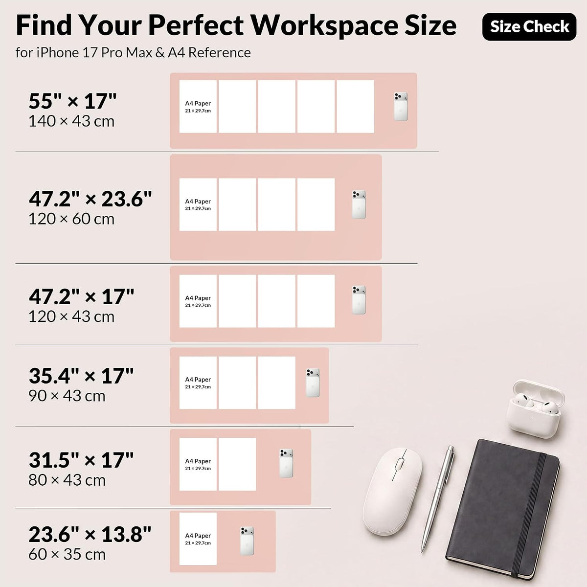 AFIING Cork Desk Mat, 31.5" x 17", Pink,Desk pad Protector