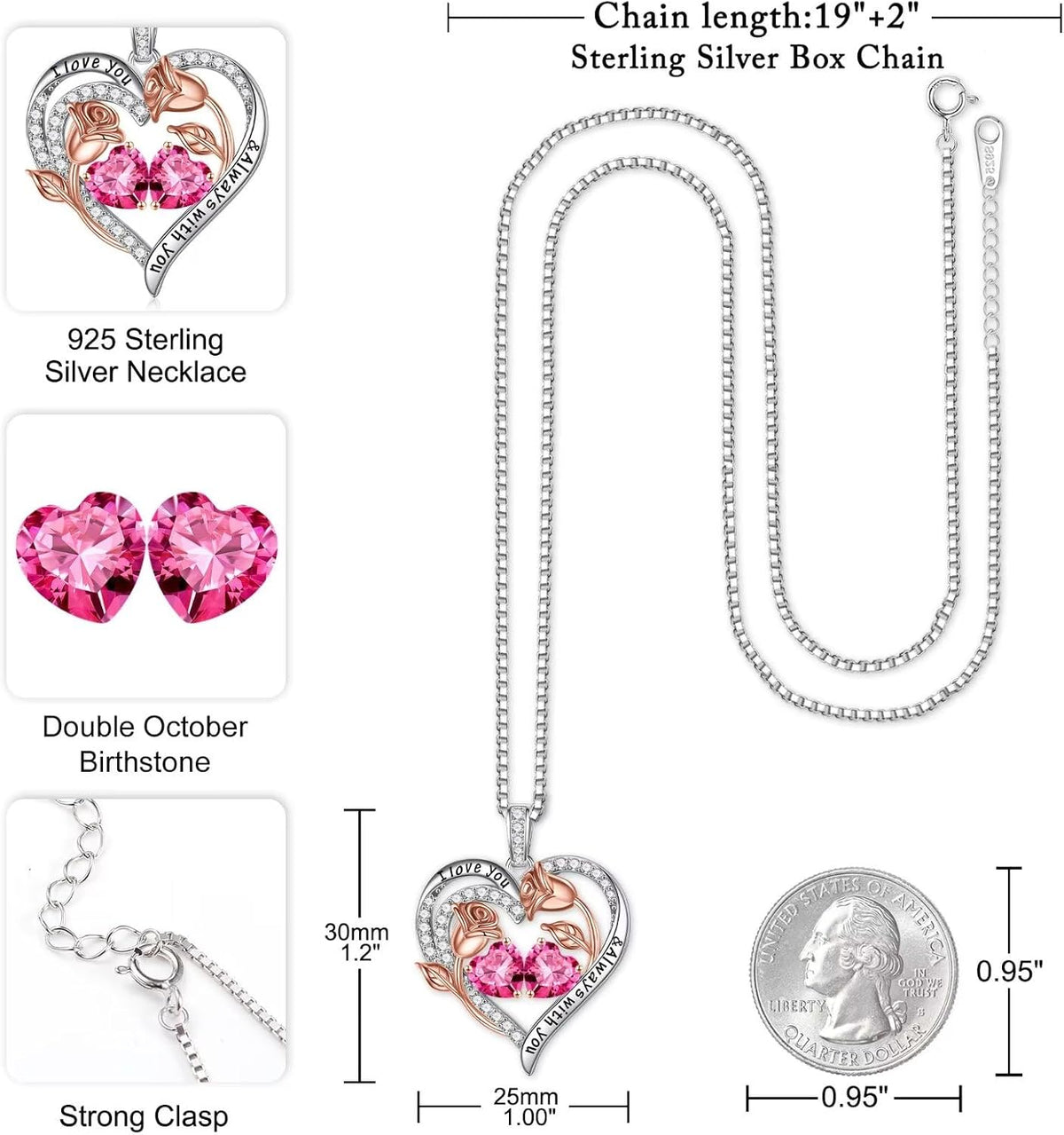 Iefil Birthstone Necklace for Women - Rose Heart Necklace