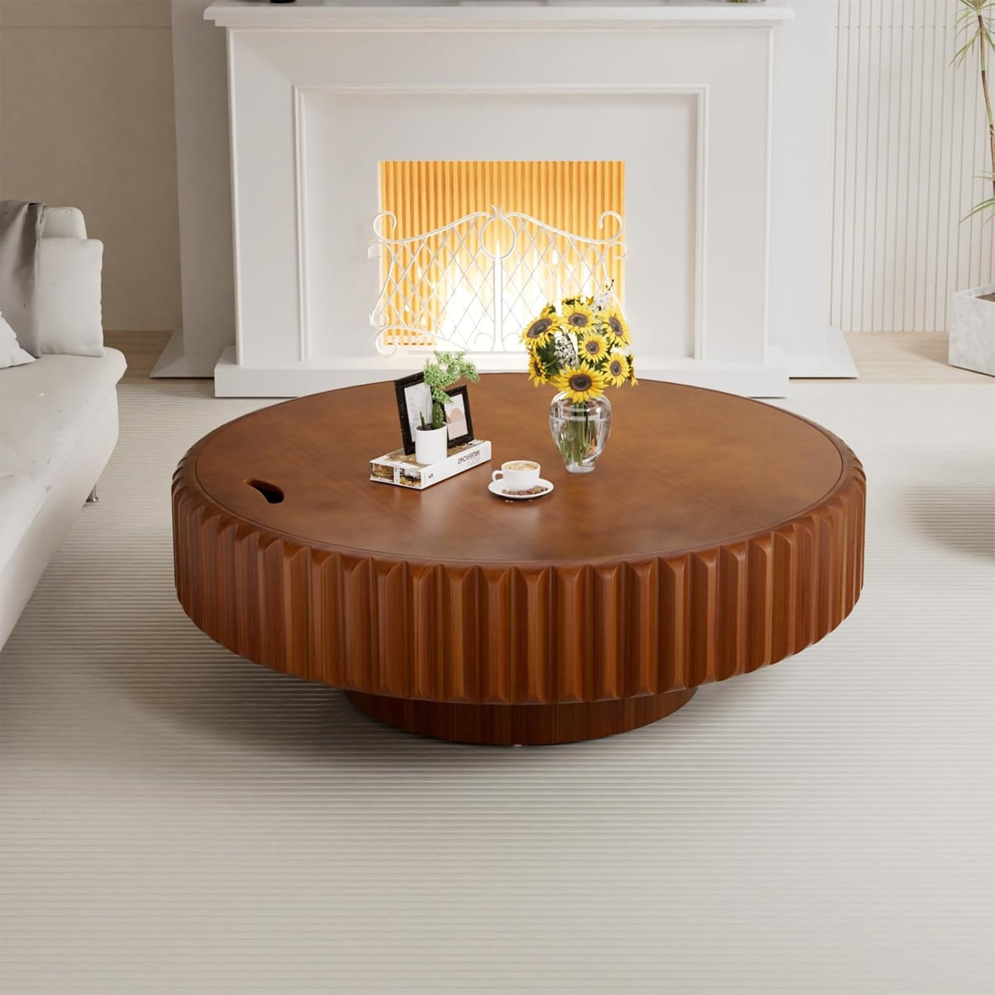 39.37'' Round Fluted Coffee Table with Storage (A39.37IN) | Handcrafted Wood Grooves, Wood Veneered Drum Center Table, Non-Slip Base, for Small Space Apartment Living Room
