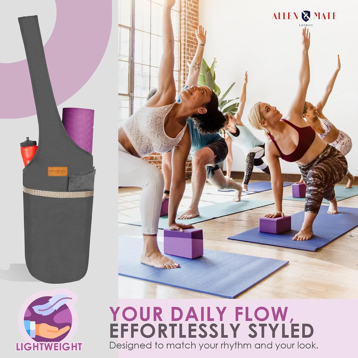 ALLEN & MATE 100% Cotton Canvas Yoga Mat Bag, Fits Mats up to 72 In Long and 7.5 In Thick, Wide Shoulder Strap, Zip Pocket, Blue Stripe
