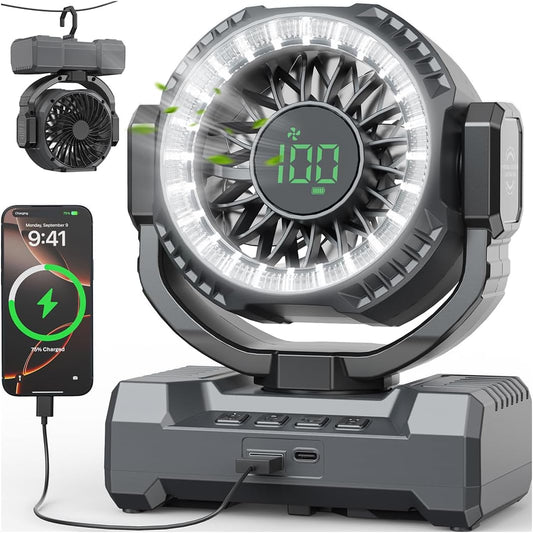 24000mAh Camping Fan, Portable Rechargeable Fan, Battery Powered Fan with LED Lantern & 120° Oscillation, Battery Operated Ventiladores for Travel, Tent, Fishing, Jobsite, Outdoor, Gifts for Men Dad