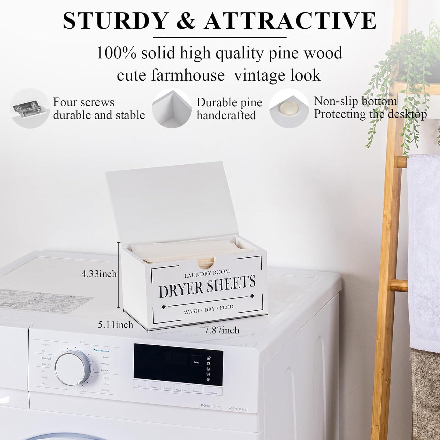 HouseJoy Dryer Sheet Holder-White Dryer Sheet Container with Lid,Rustic Farmhouse Wooden Dryer Sheet Dispenser for Fabric Softener Sheets,Laundry Room Decor Organization/Storage