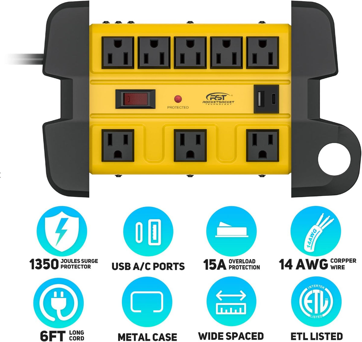 CRST 8-Outlet Heavy Duty Surge Protector Power Strip with USB-C, ETL Listed