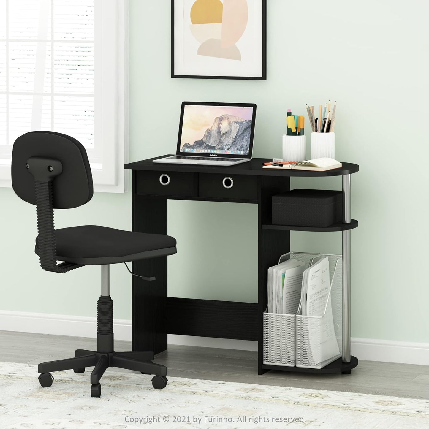 Furinno Go Green Desk, 31.5" Wide Gaming Desk with 2 Side Shelves and Storage Bins, Computer Desk, Office Desk for Home Office, Study Room, Dorm, Bedroom, Americano