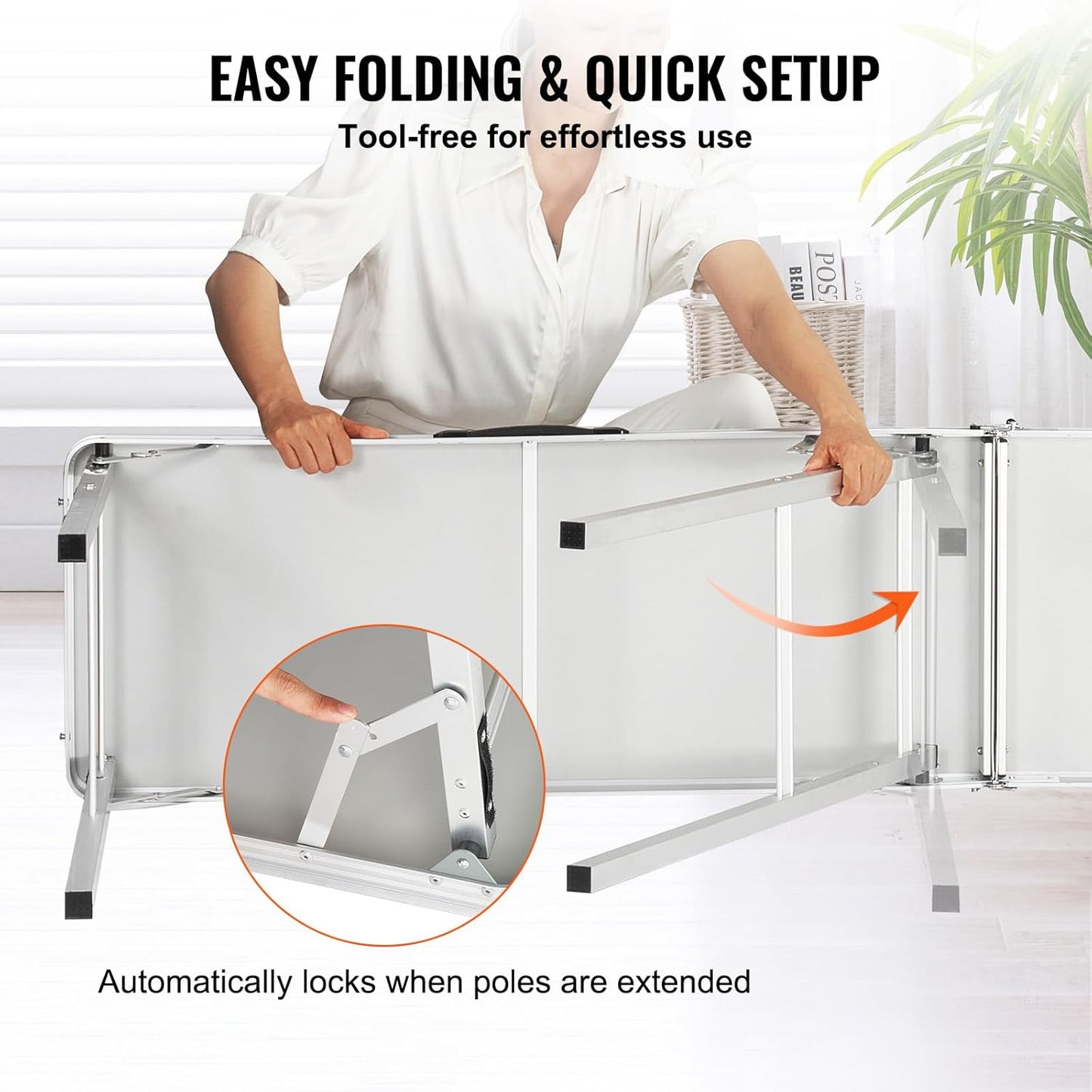 VEVOR Extra Long Folding Portable Bar Tradeshow Podium Table for Indoor, Outdoor, Party, Picnic, Exhibition, Includes Carrying Case, Storage Shelf and Black Skirt, 77.95" x 15.16" x 34.65"