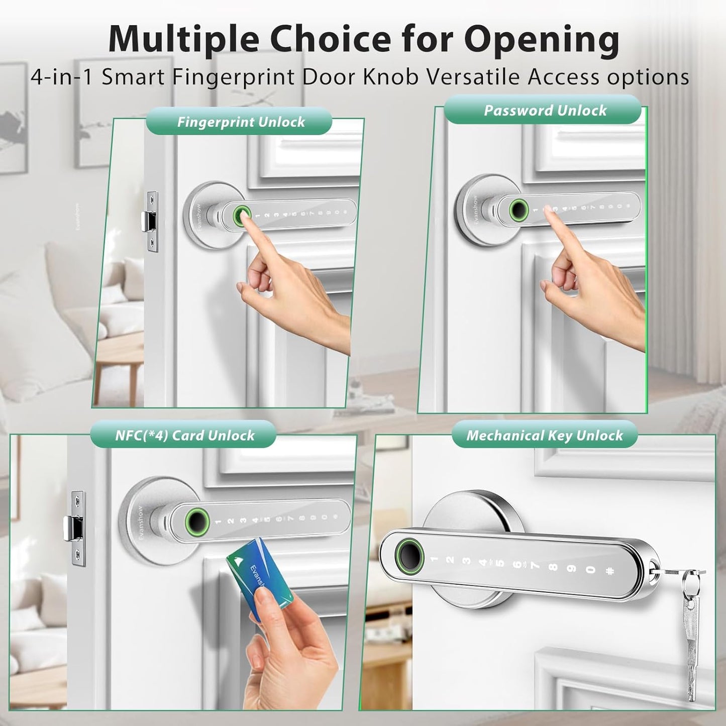 Fingerprint Door Lock Biometric Door Knob with Keypad Keyless Entry, Door Locks for Bedrooms, Home Hotel Office Apartment Silver