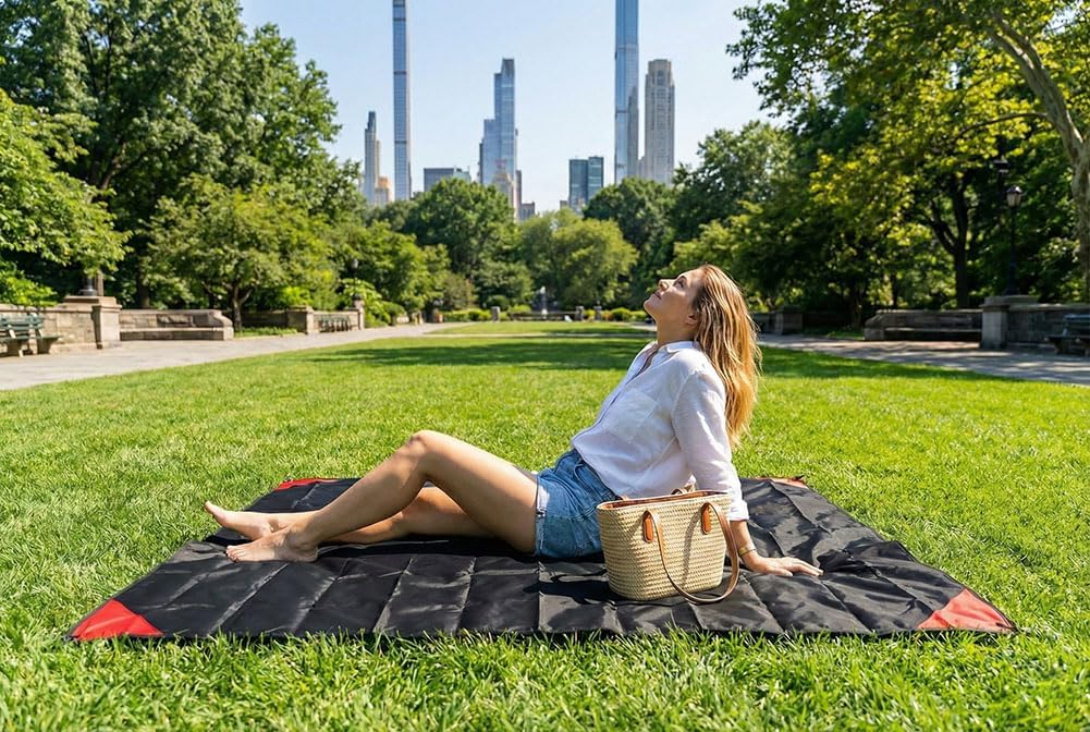Orga'Neat Pocket Picnic Blanket, Beach Mat Waterproof Sandproof, Compact Lightweight Small Tarp for Camping, Hiking, Backpacking, Festival, Travel, Foldable in Bags (Black/Red, 55"x60")
