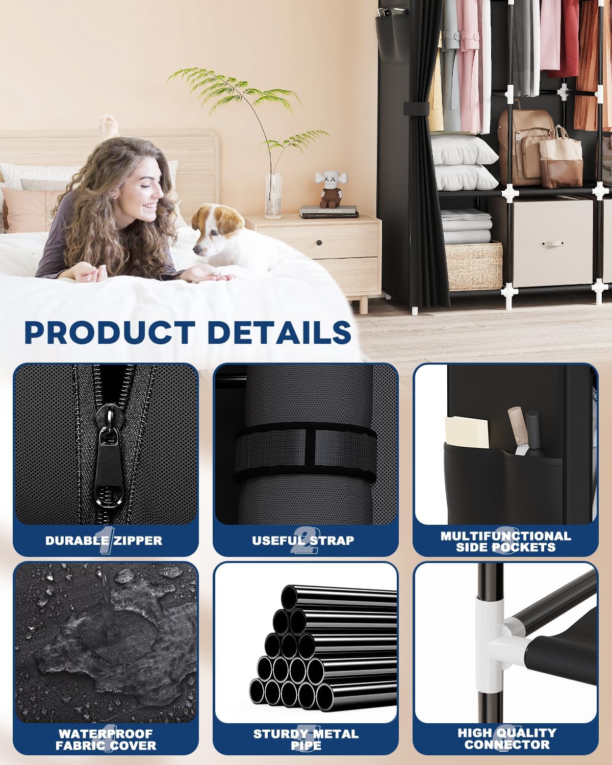 Mavivegue Clothes Organizer with 4 Hanging Rods, Portable Closet Wardrobe, Non-Woven Fabric Cover, Large Capacity Storage for Bedroom and Living Room,Black, 67" W x 17" D x 67" H