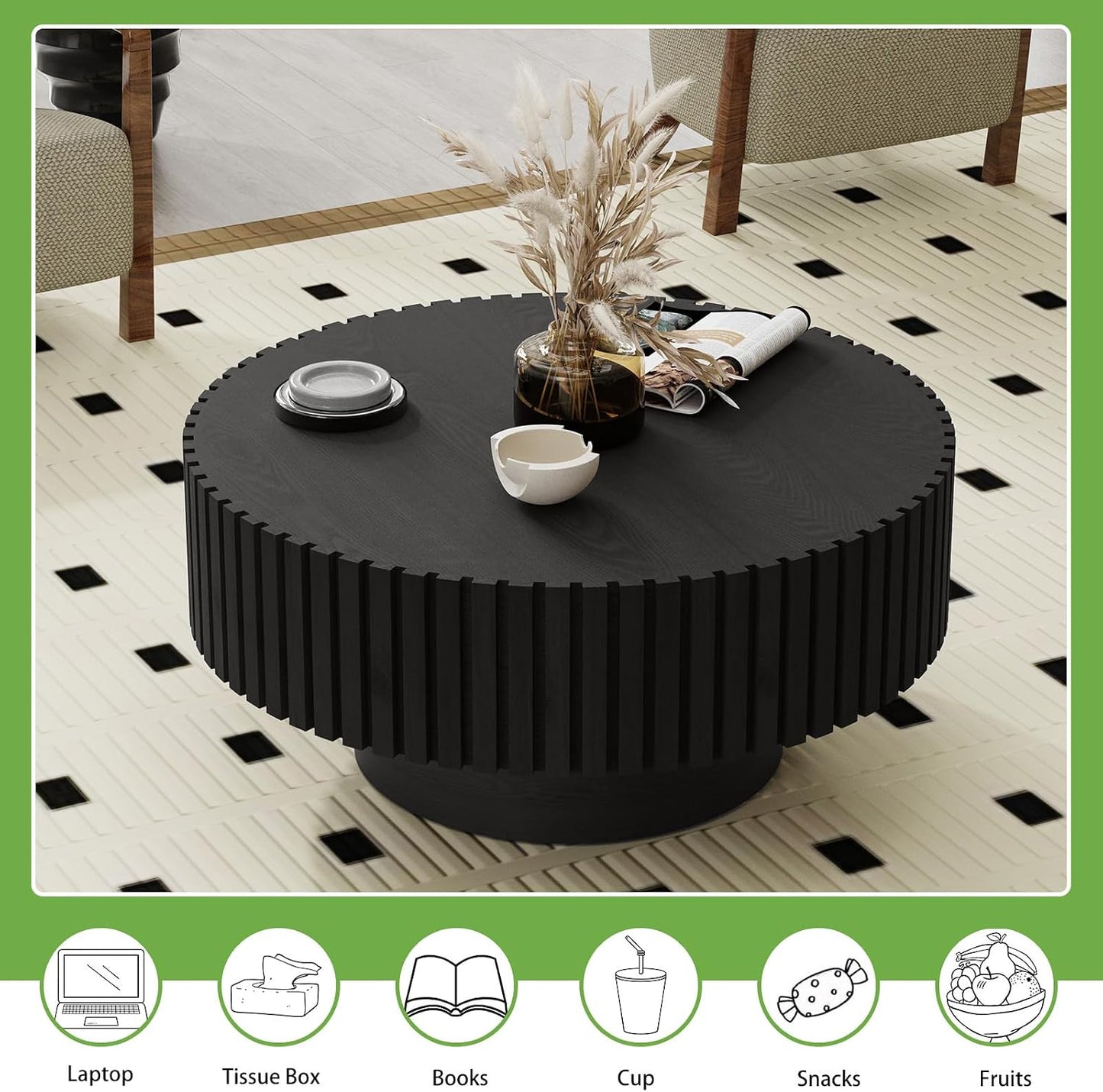 31.5" Modern Drum Coffee Table, Black | Unique Fluted Round Coffee Table, Contemporary Handcrafted Wood Tea Table for Living Room