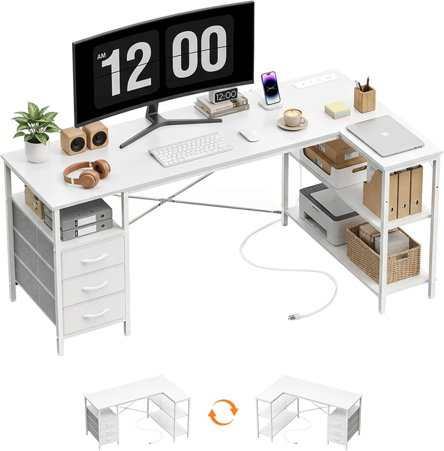 Alpen L Shaped Computer Desk, 47.2 Inch Corner Desk with Drawers and Power Outlets, Home Office Desk for Gaming, Study Writing PC Table with Storage and Reversible Shelf, White