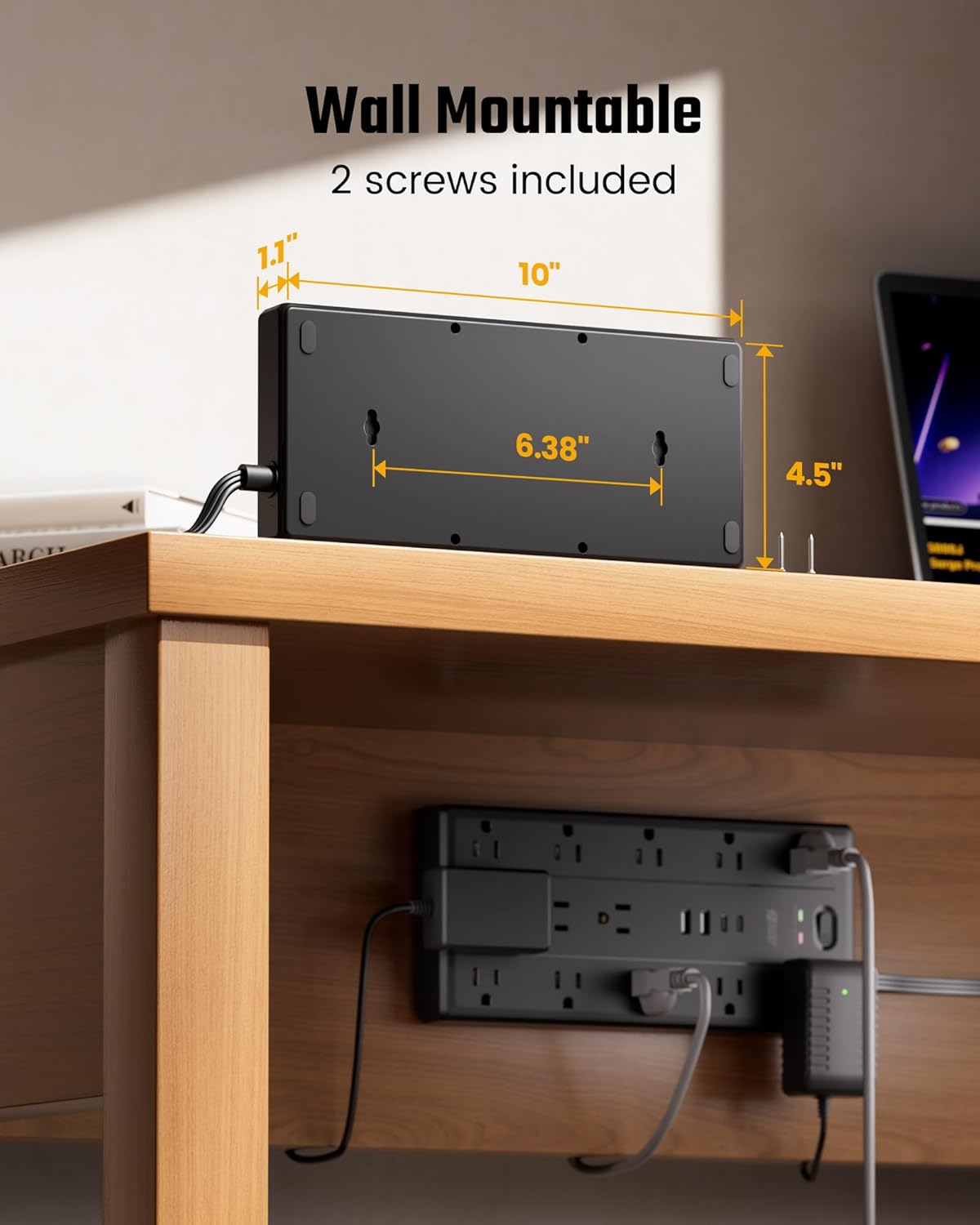 10Ft Extension Cord with Multiple Outlets, Flat Plug Power Strip with 2100J Surge Protector, 13 Outlets, 2 USB A, 2 USB C, Desk USB Charging Station, Home Office, College Dorm Room Essentials, Black