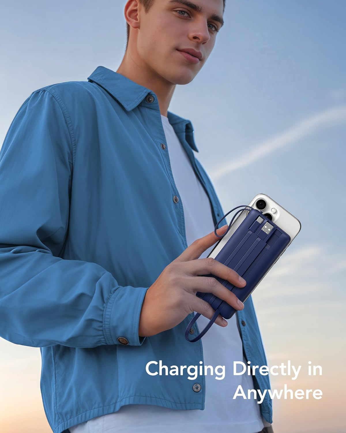 VRURC Portable Charger, Built in 4 Cables & Lanyard Power Bank 10000mAh, Compact USB C Phone Charging Bank 5 Outputs for Multi Devices,Travel Essential for Hiking Camping Business-Navy(1 Pack)
