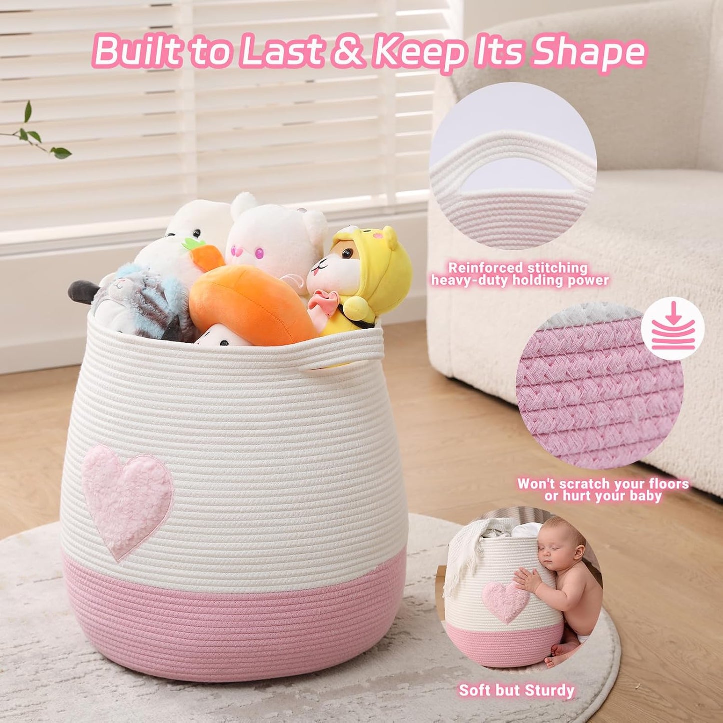 Large Cotton Rope Basket, Woven Storage Basket for Toy, Laundry and Blanket Organizer Basket, Round Hamper Basket with Handles for Kid's Room 17.7"x16.9" (Pink Heart)