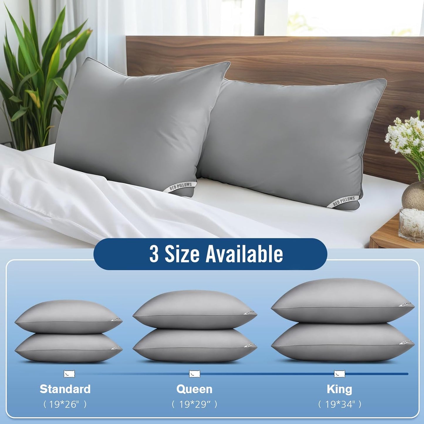 Piwaal Luxury Hotel Pillows for Sleeping 4 Pack, Gray Bed Pillows Standard Size Set of 4, Down Alternative Filling, Pillows for Back, Stomach or Side Sleepers