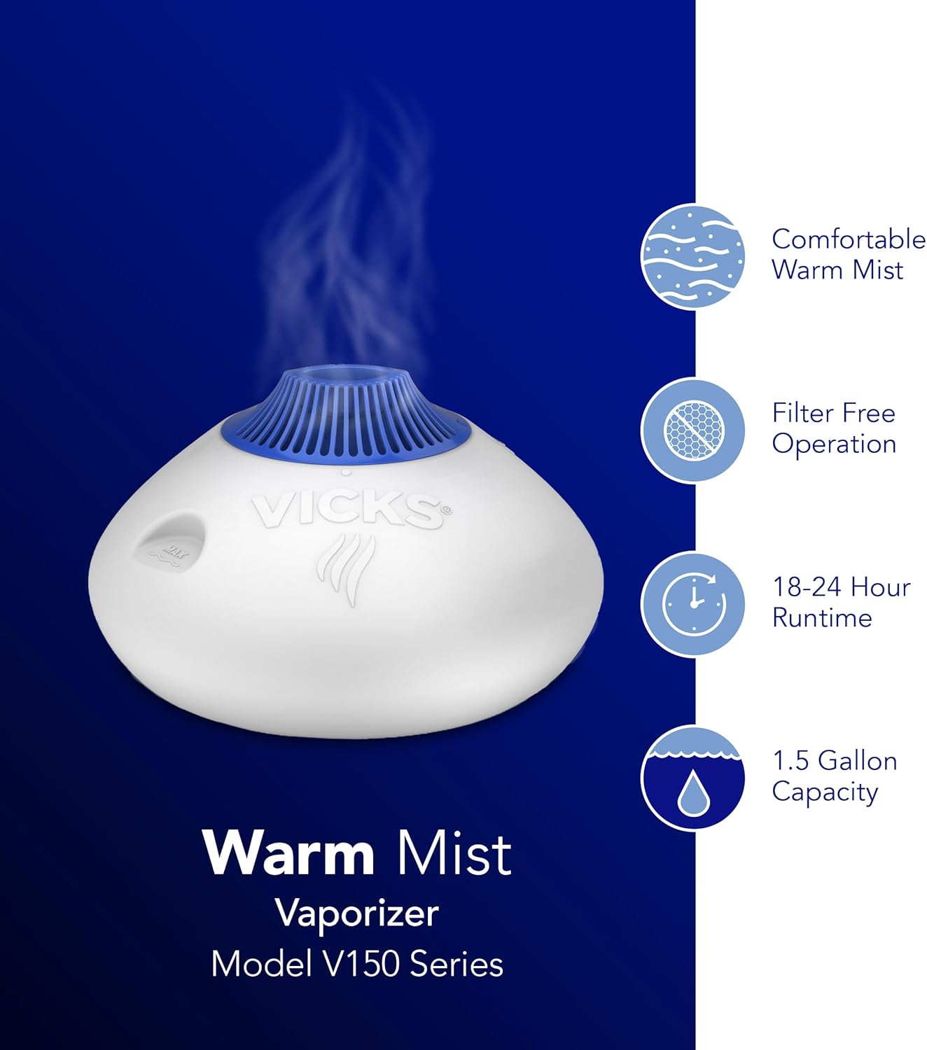 Vicks Warm Steam Vaporizer & Humidifier 1.5 Gallon Tank for Small and Medium Rooms, Night Light, Works with VapoPads and VapoSteam