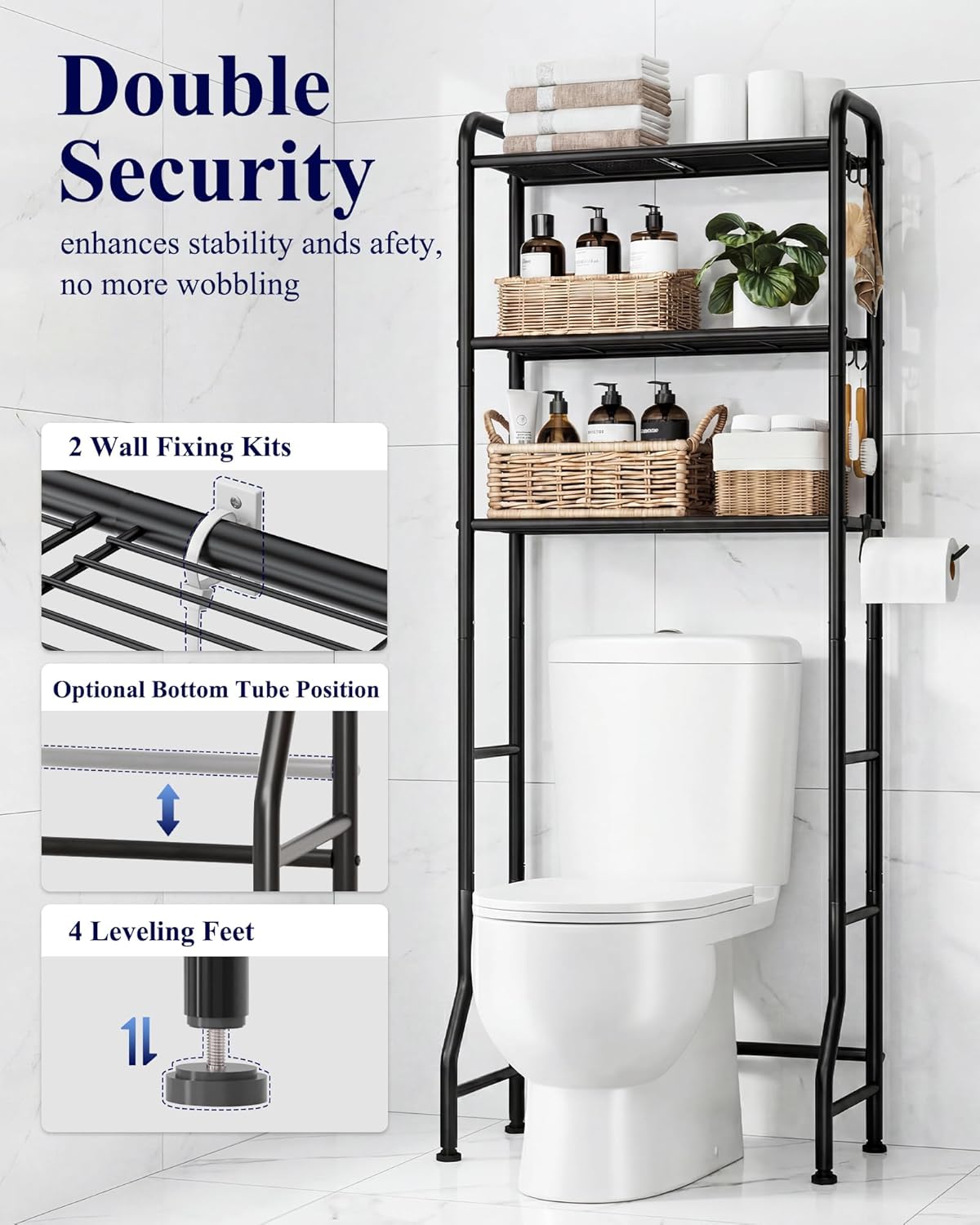 Kitsure Over Toilet Storage Rack - Metal Over Toilet Bathroom Organizer Shelf, Over the Toilet Storage Cabinet with Paper Holder and Hooks, Bathroom Cabinet for Laundry, Black, 3 Tiers (63.2" H)