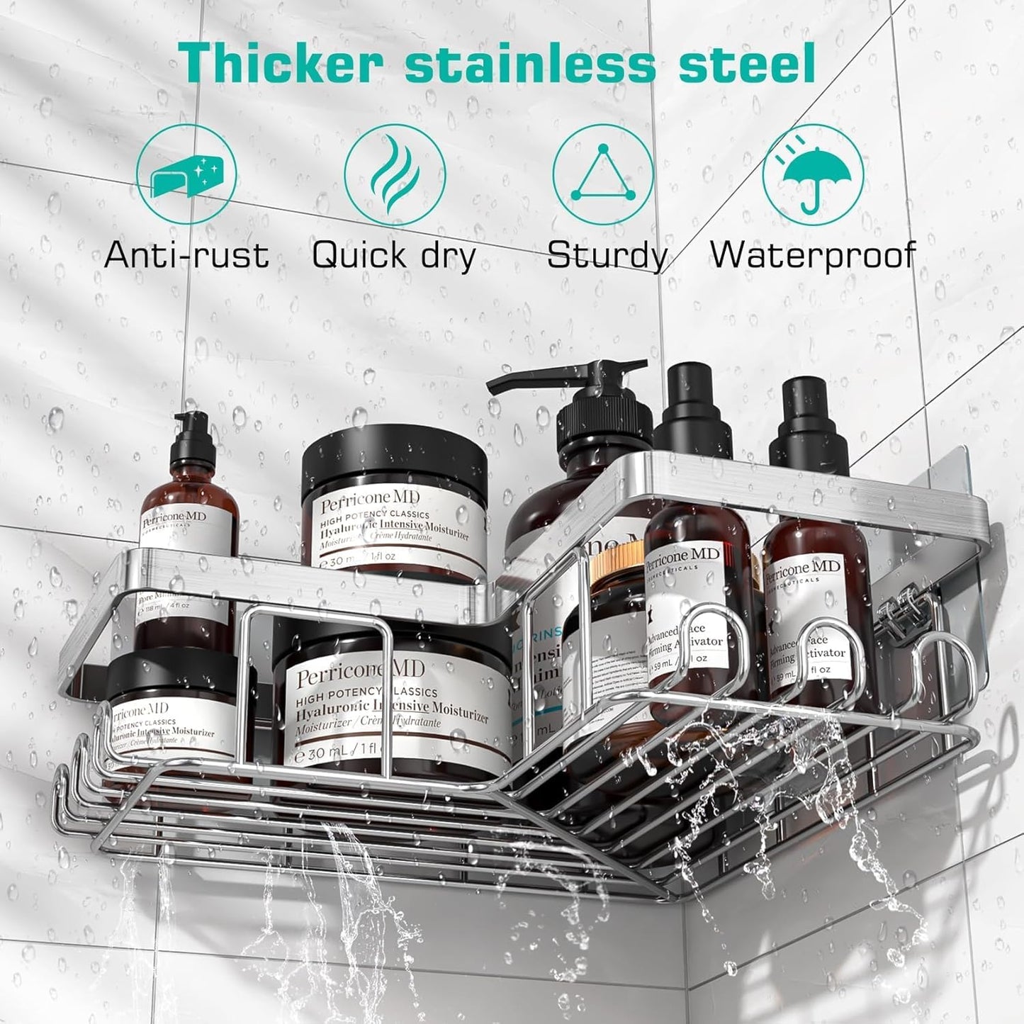 YASONIC Corner Adhesive Shower Caddy, with Soap Holder and 12 Hooks, Rustproof Stainless Steel Bathroom Organizer, No Drilling Wall Mounted Rack, Brushed Silver, 3-Pack