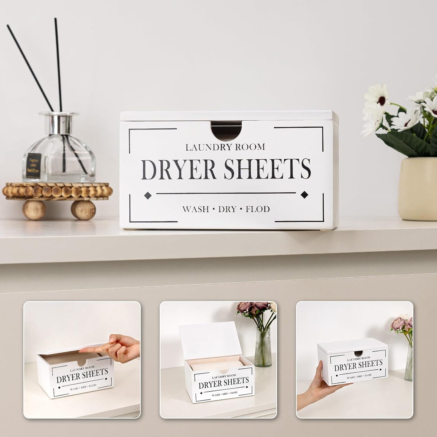 HouseJoy Dryer Sheet Holder-White Dryer Sheet Container with Lid,Rustic Farmhouse Wooden Dryer Sheet Dispenser for Fabric Softener Sheets,Laundry Room Decor Organization/Storage