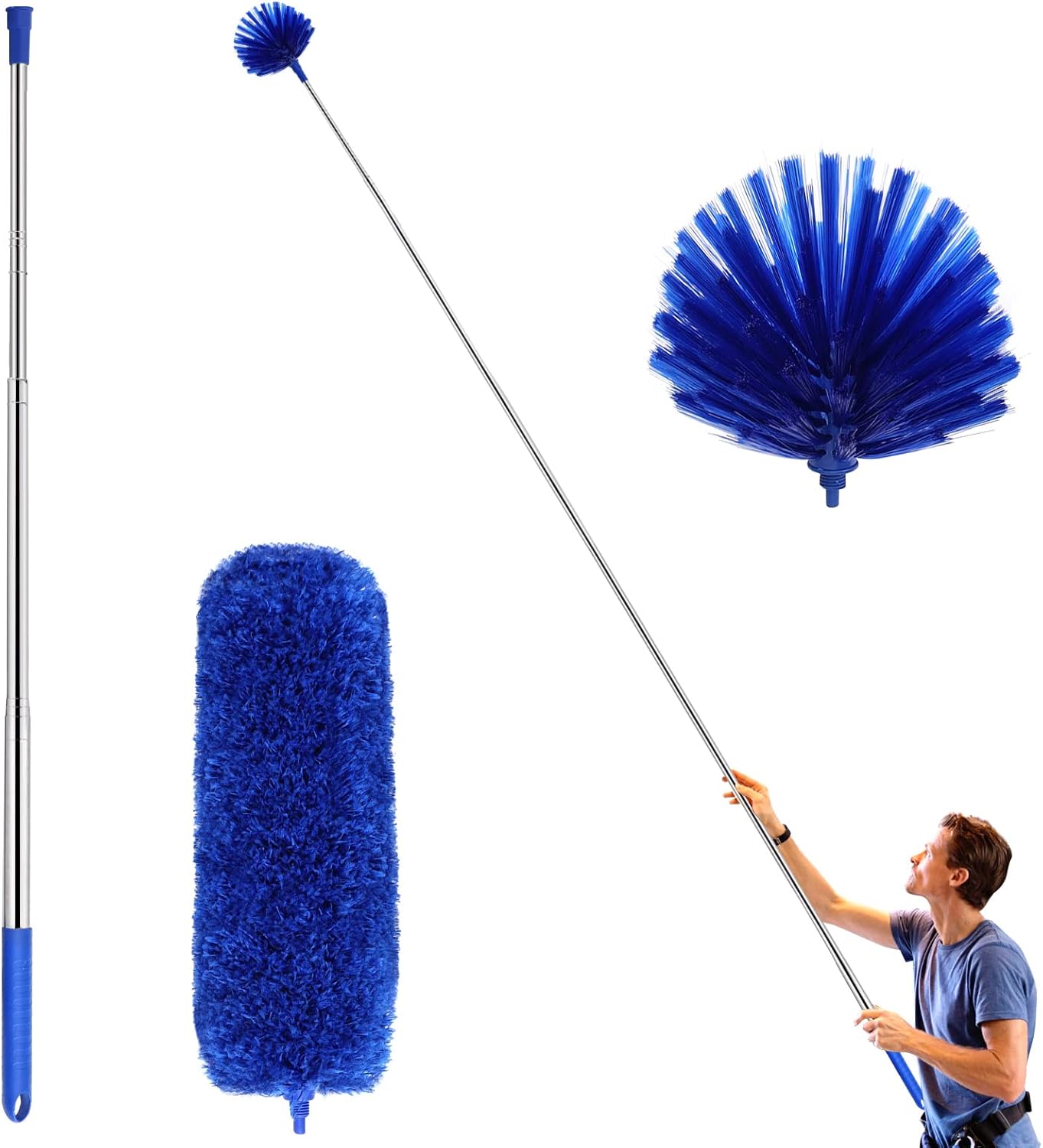 ZZ LAZYCOTTAGE Cobweb Duster with ExtensionPole, Washable Cleaning Duster Kit with 2 DusterHeads, Cobweb Duster, Corner Brush, Telescoping Pole for Ceiling Fan (Blue)
