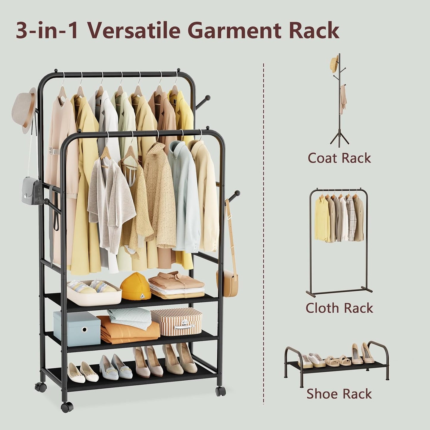 Furologee Clothes Racks for Hanging Clothes, Double Rods Clothing Rack with 3-Tier Storage Shelves, Rolling Garment Wardrobe with Wheels, Portable Free Standing Closet for Bedroom, Laundry Room, Black