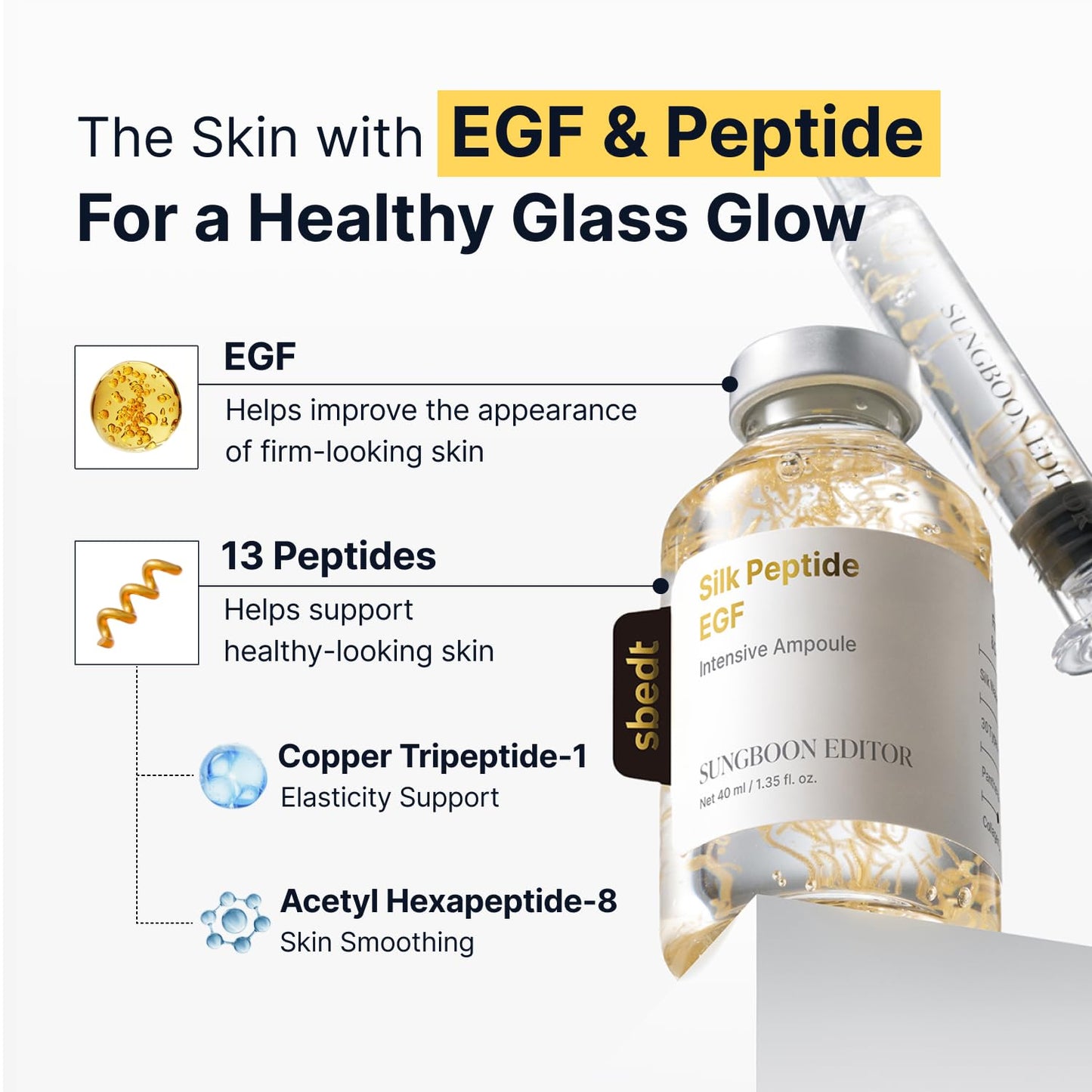 SUNGBOON EDITOR Glow Intensive Deep Collagen Silk Peptide EGF Ampoule, Copper Peptides Serum for Face with Multi Peptides, Hydrating Korean Skincare Facial Serum for Smooth-Looking Skin, 1.35 fl oz