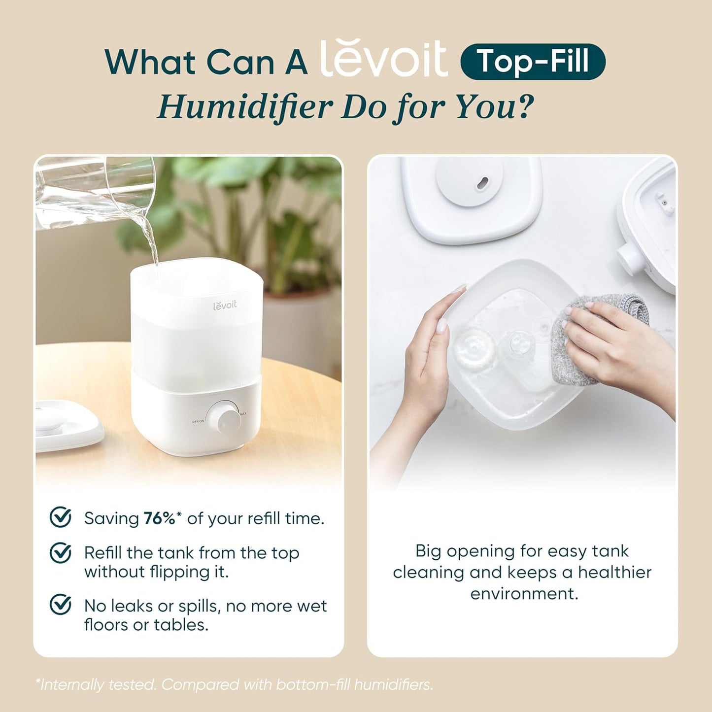LEVOIT Top Fill Humidifiers for Bedroom, 2.5L Tank for Large Room, Easy to Fill & Clean, 28dB Quiet Cool Mist Air Humidifier for Home Baby Nursery & Plants, Auto Shut-off for Safety, 25H