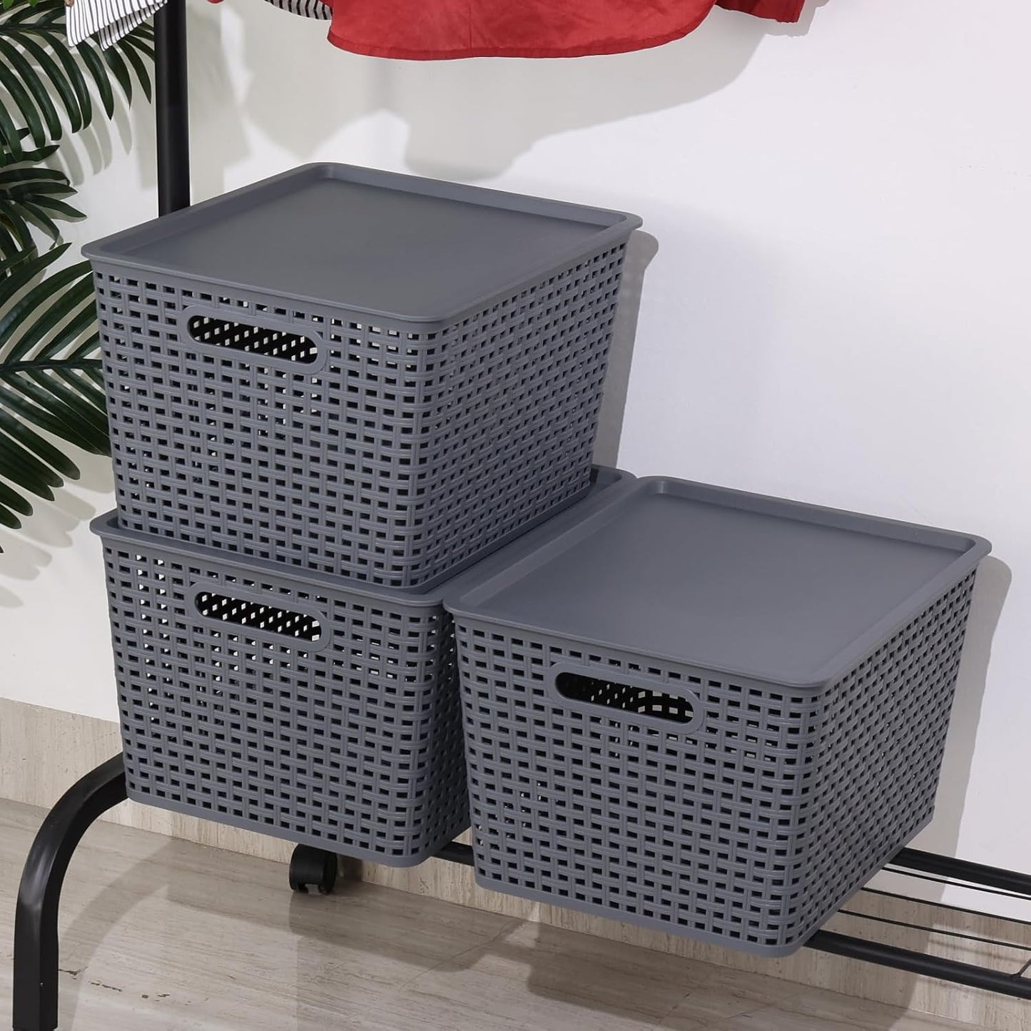6 Pack Plastic Storage Bins with Lids, Stackable Storage Baskets with Handles, Large Organizer Bins for Desk, Shelves, Office, Plastic Container Bins for Pantry Organizers and Storage, Grey