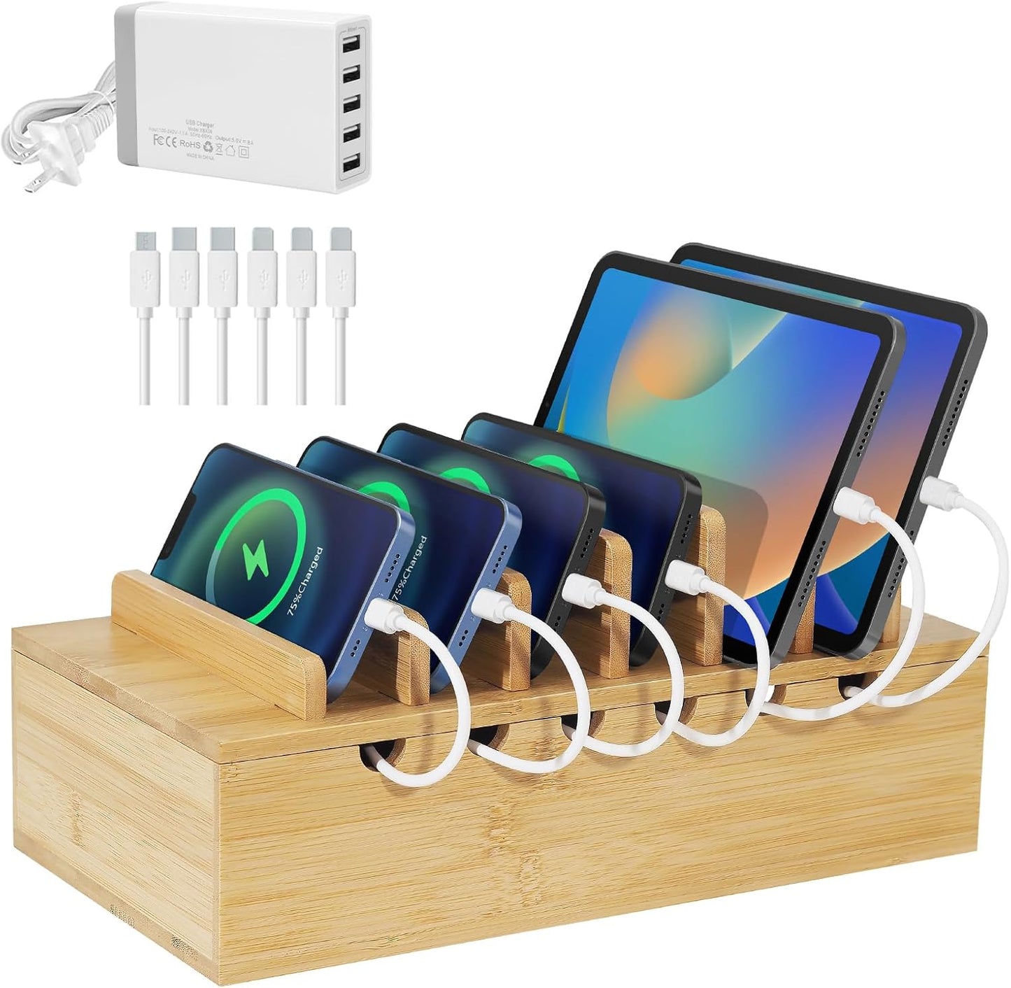 Bamboo Charging Station Organizer, Multi-Device Charging Dock with Cable Management, Phone Tablet Stand for Home Office, 5-Port USB Charger & 6 Cables Included
