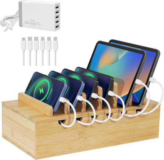 Bamboo Charging Station Organizer, Multi-Device Charging Dock with Cable Management, Phone Tablet Stand for Home Office, 5-Port USB Charger & 6 Cables Included