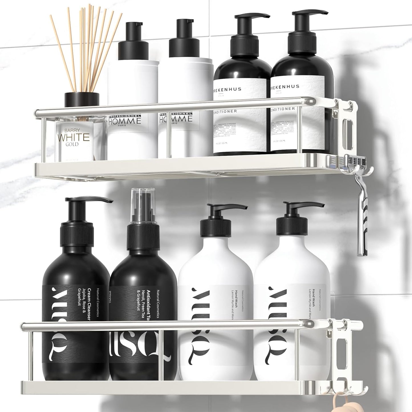 YASONIC Shower Caddy Adhesive, No Drill Bathroom Shower Organizers, with Removable Hooks, Rust Proof Shower Shelves, Wall-Mounted Shower Holder, 2 Pack Silver