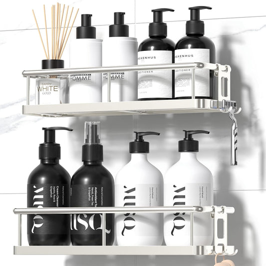 YASONIC Shower Caddy Adhesive, No Drill Bathroom Shower Organizers, with Removable Hooks, Rust Proof Shower Shelves, Wall-Mounted Shower Holder, 2 Pack Silver